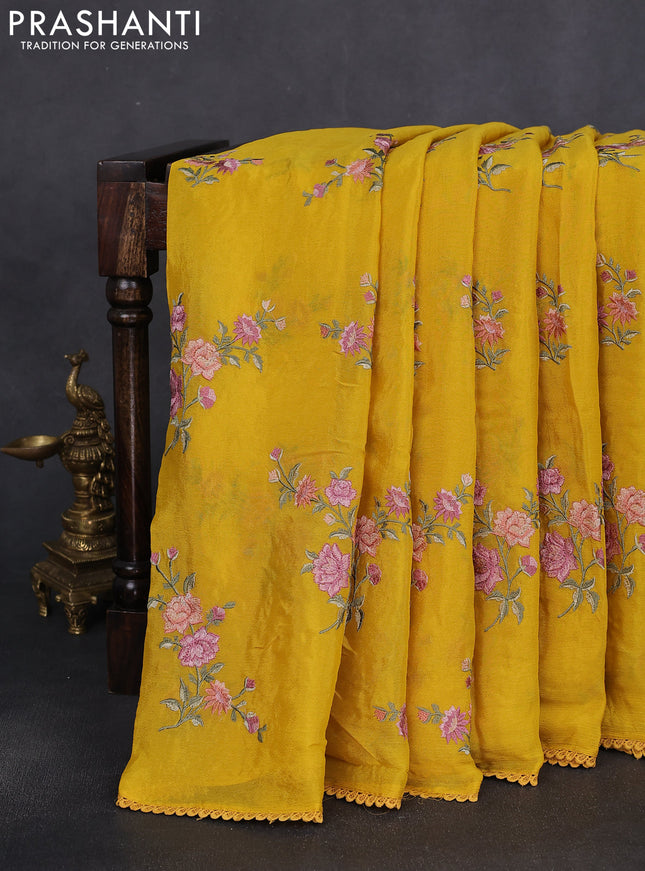 Chiffon silk saree yellow with floral embroidery and lace work border