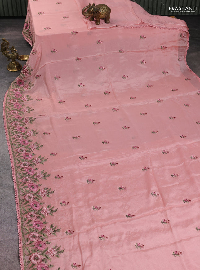 Chiffon silk saree peach shade with floral embroidery and lace work border