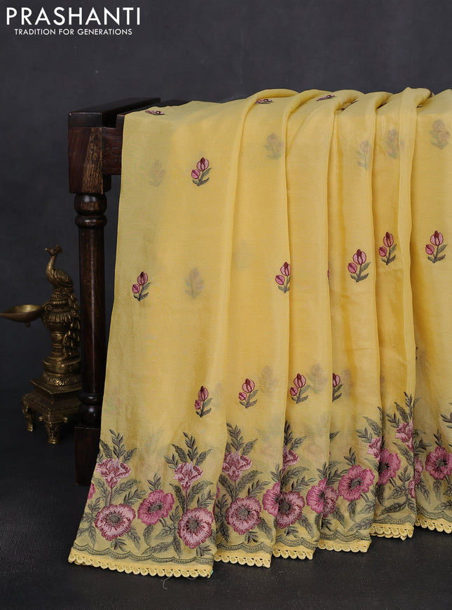 Chiffon silk saree yellow with floral embroidery and lace work border