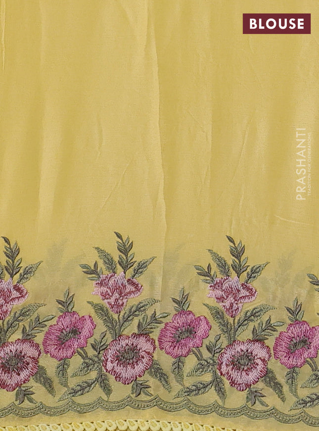 Chiffon silk saree yellow with floral embroidery and lace work border