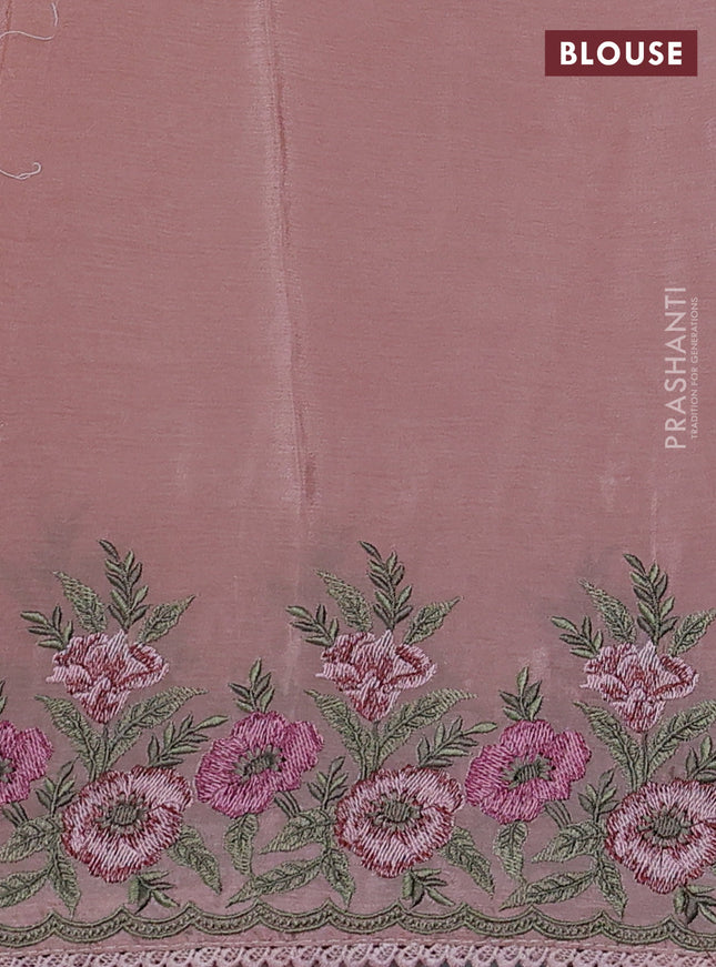 Chiffon silk saree peach shade with floral embroidery and lace work border