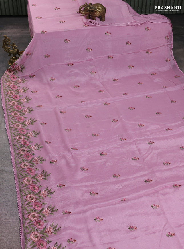 Chiffon silk saree pastel pink with floral embroidery and lace work border