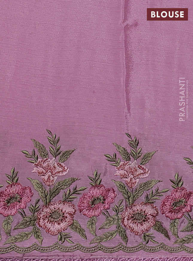 Chiffon silk saree pastel pink with floral embroidery and lace work border