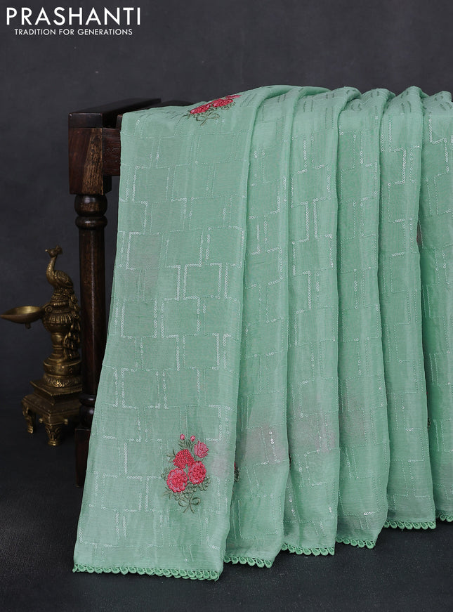 Chiffon silk saree pastel green with sequin work & floral embroidery and lace work border