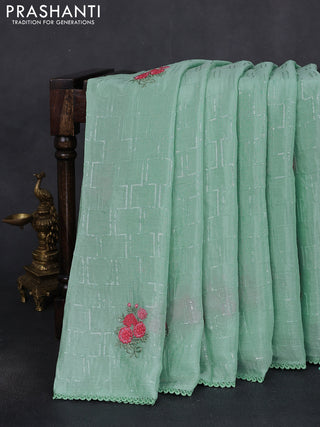 Chiffon silk saree pastel green with sequin work & floral embroidery and lace work border