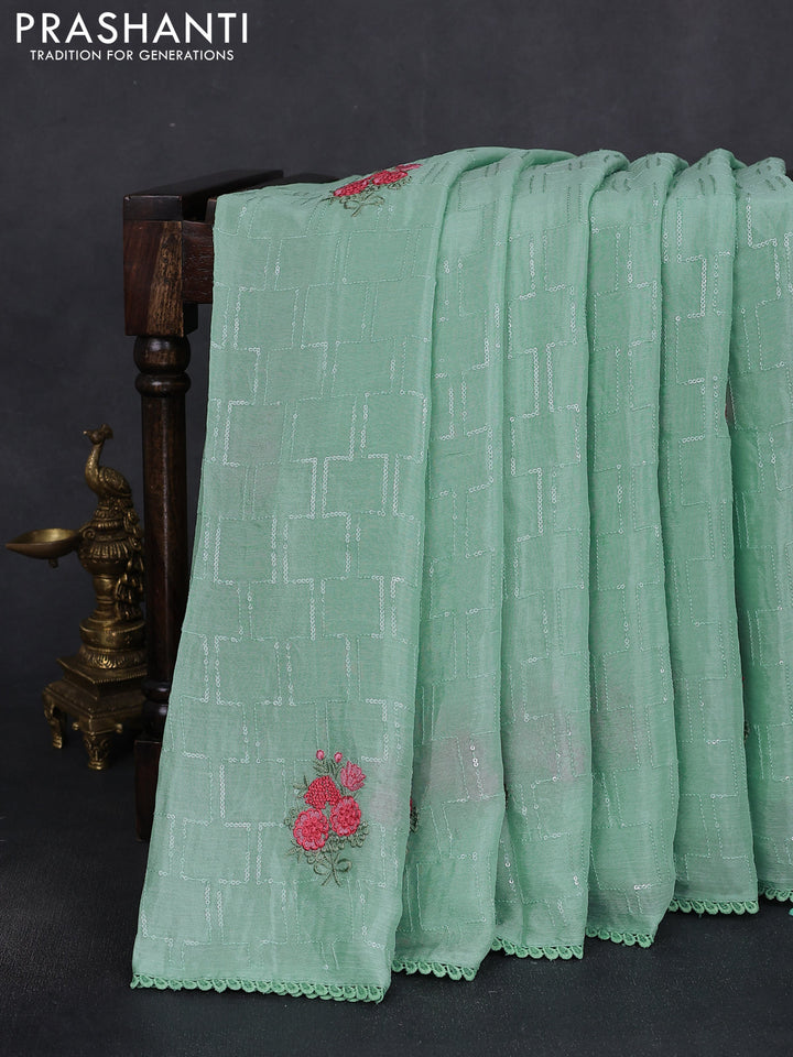 Chiffon silk saree pastel green with sequin work & floral embroidery and lace work border
