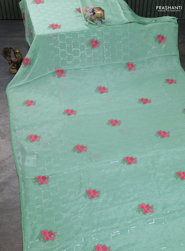 Chiffon silk saree pastel green with sequin work & floral embroidery and lace work border
