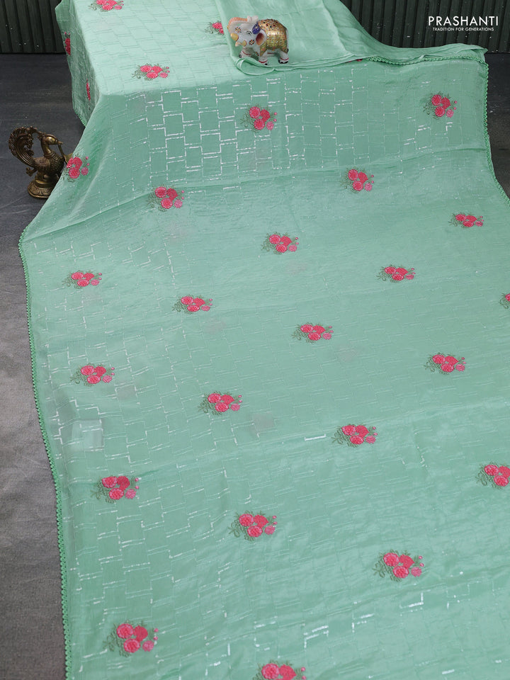 Chiffon silk saree pastel green with sequin work & floral embroidery and lace work border
