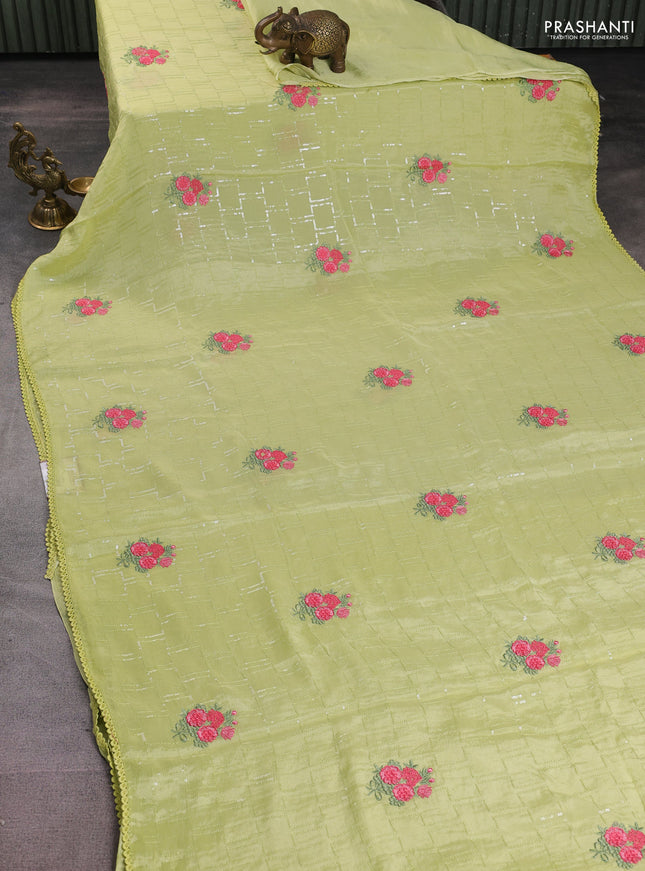 Chiffon silk saree pista green with sequin work & floral embroidery and lace work border