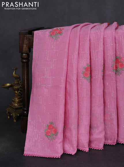Chiffon silk saree light pink with sequin work & floral embroidery and lace work border