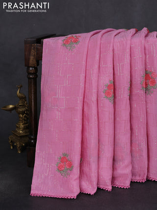 Chiffon silk saree light pink with sequin work & floral embroidery and lace work border
