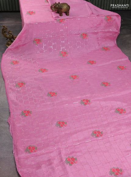 Chiffon silk saree light pink with sequin work & floral embroidery and lace work border