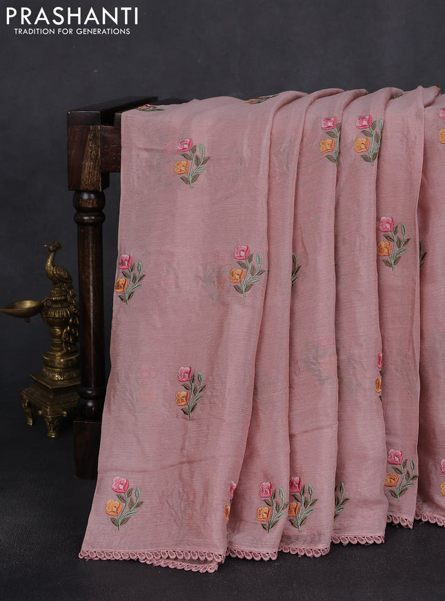 Chiffon silk saree pastel peach with floral embroidery and lace work border