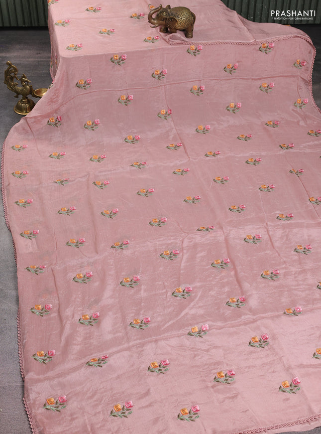 Chiffon silk saree pastel peach with floral embroidery and lace work border