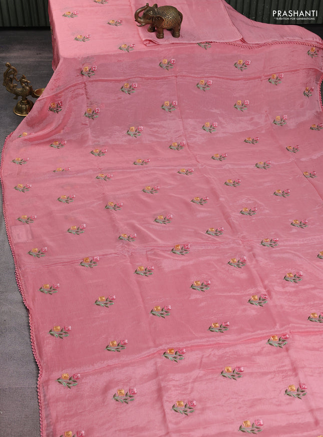 Chiffon silk saree peach pink with floral embroidery and lace work border