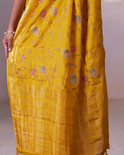 Semi crepe silk saree mustard yellow with allover convent embroidery and elephant zari woven border
