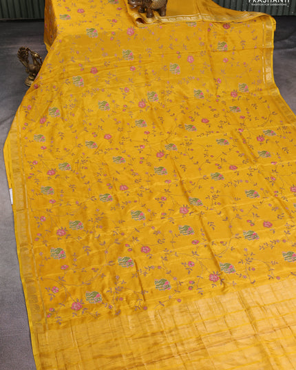 Semi crepe silk saree mustard yellow with allover convent embroidery and elephant zari woven border