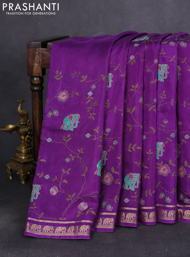 Semi crepe silk saree violet with allover convent embroidery and elephant zari woven border