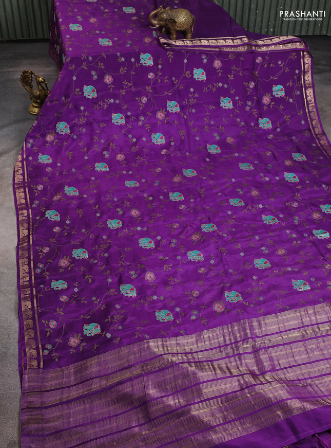 Semi crepe silk saree violet with allover convent embroidery and elephant zari woven border