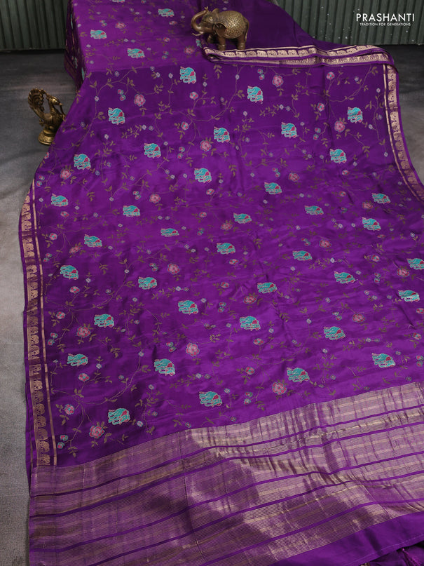 Semi crepe silk saree violet with allover convent embroidery and elephant zari woven border