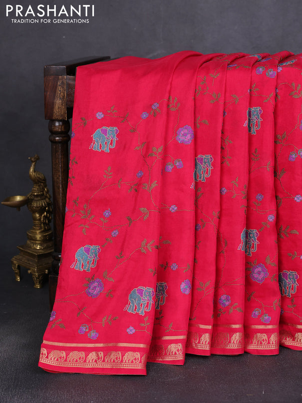 Semi crepe silk saree magenta pink with allover convent embroidery and elephant zari woven border