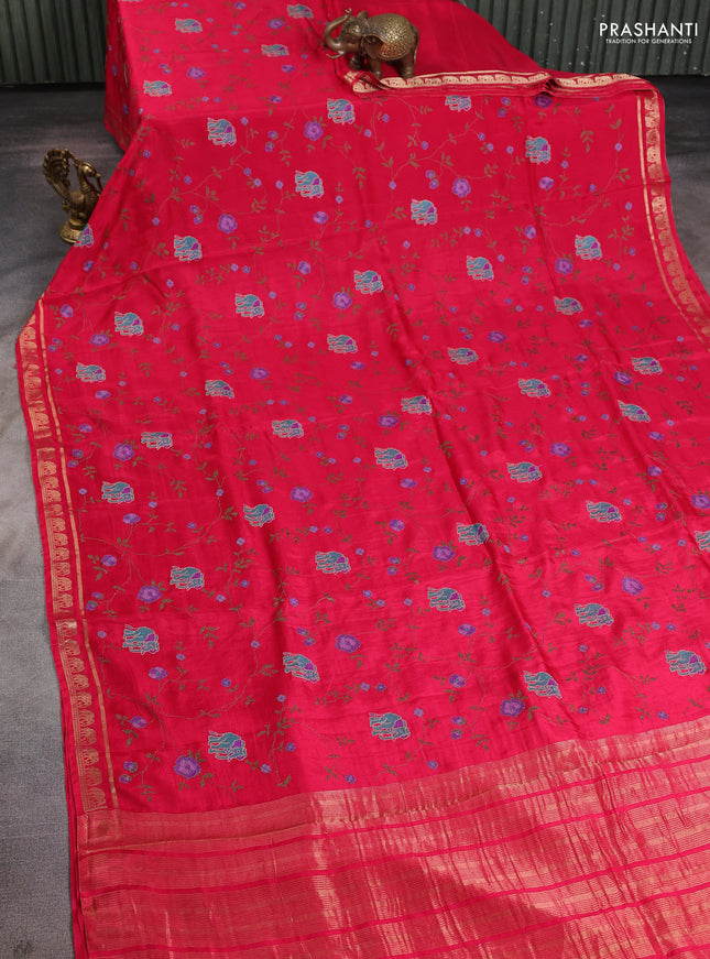 Semi crepe silk saree magenta pink with allover convent embroidery and elephant zari woven border