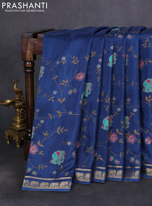 Semi crepe silk saree peacock blue with allover convent embroidery and elephant zari woven border