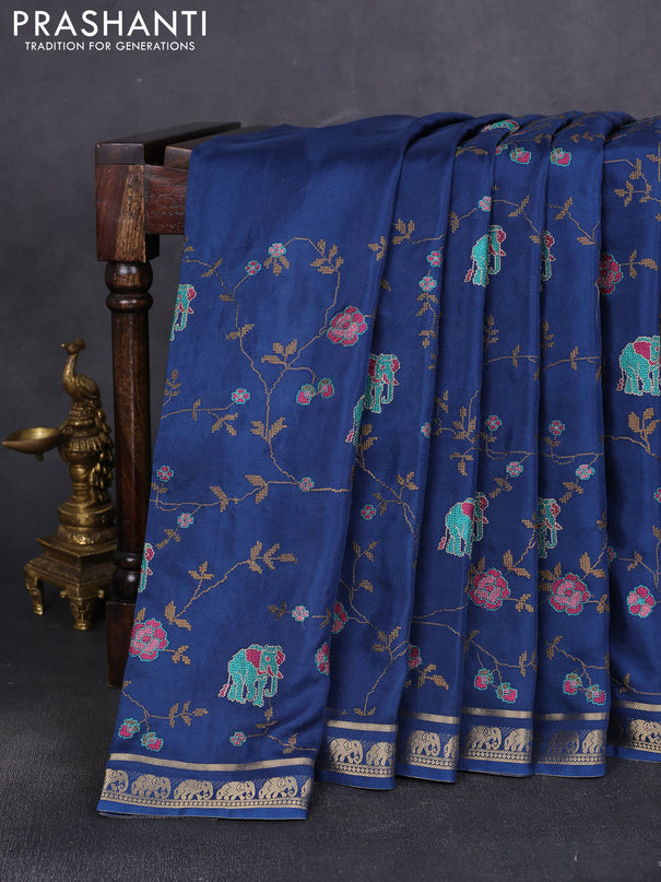 Semi crepe silk saree peacock blue with allover convent embroidery and elephant zari woven border