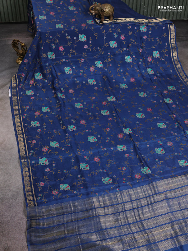 Semi crepe silk saree peacock blue with allover convent embroidery and elephant zari woven border