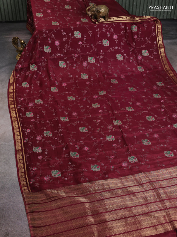 Semi crepe silk saree deep maroon with allover convent embroidery and elephant zari woven border