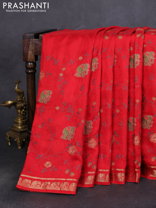 Semi crepe silk saree red with allover convent embroidery and elephant zari woven border