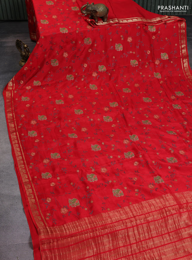 Semi crepe silk saree red with allover convent embroidery and elephant zari woven border