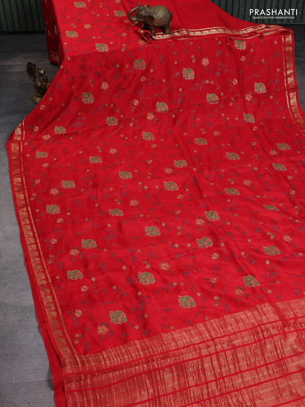 Semi crepe silk saree red with allover convent embroidery and elephant zari woven border