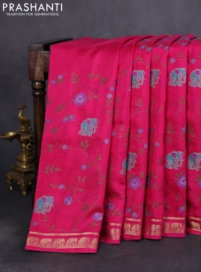 Semi crepe silk saree pink with allover convent embroidery and elephant zari woven border