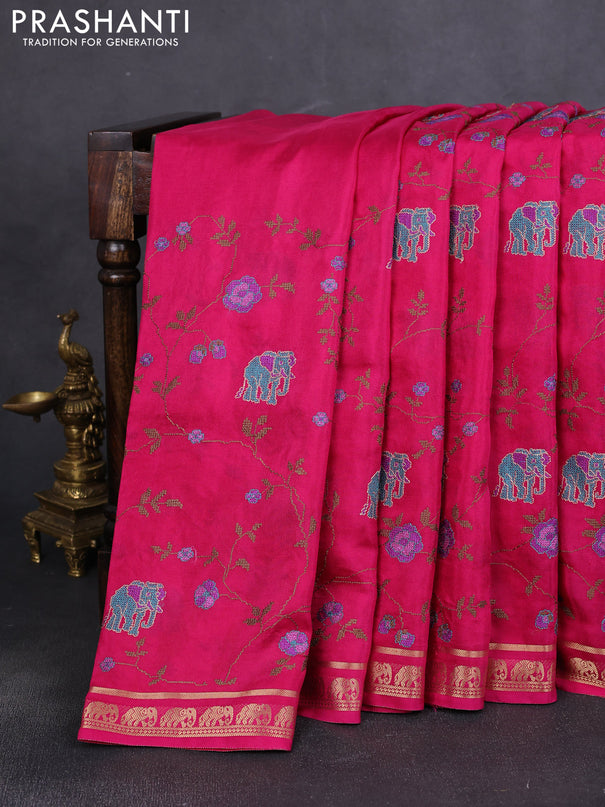 Semi crepe silk saree pink with allover convent embroidery and elephant zari woven border