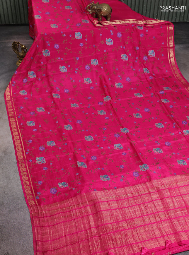 Semi crepe silk saree pink with allover convent embroidery and elephant zari woven border