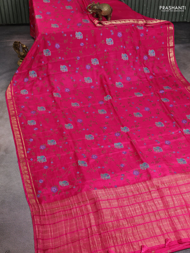 Semi crepe silk saree pink with allover convent embroidery and elephant zari woven border