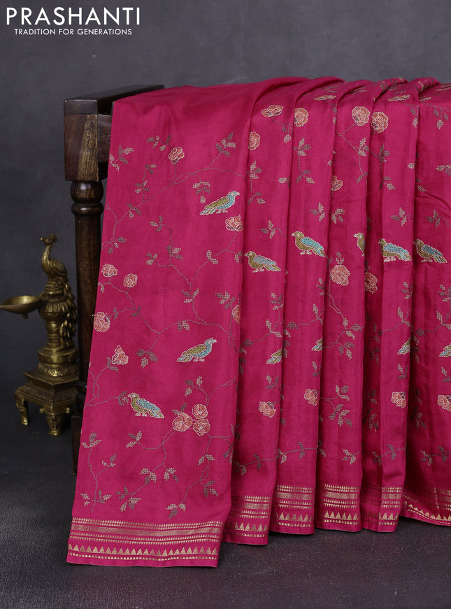 Semi crepe silk saree pink with allover convent embroidery and temple zari woven border