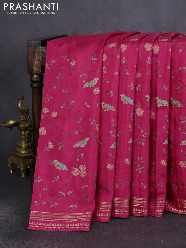 Semi crepe silk saree pink with allover convent embroidery and temple zari woven border