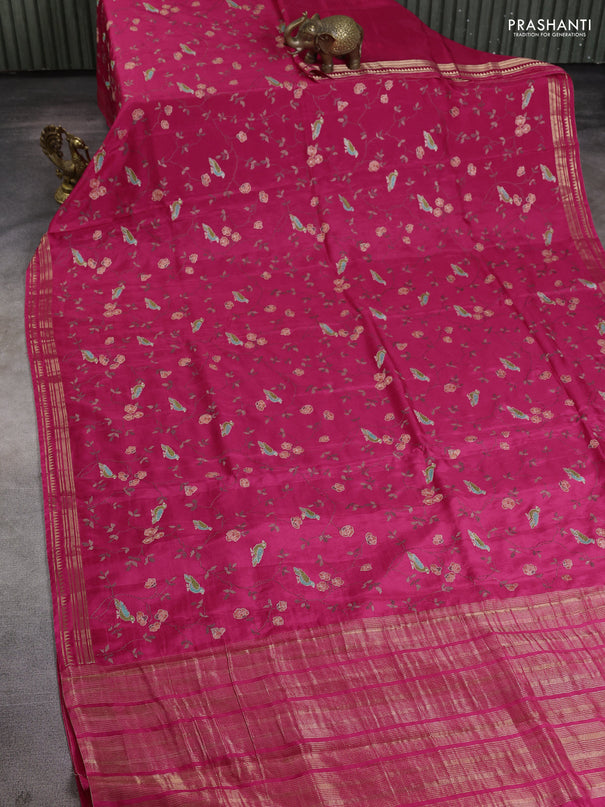 Semi crepe silk saree pink with allover convent embroidery and temple zari woven border
