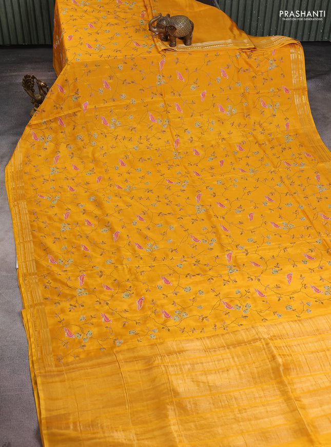Semi crepe silk saree yellow with allover convent embroidery and temple zari woven border