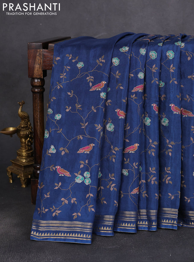 Semi crepe silk saree peacock blue with allover convent embroidery and temple zari woven border