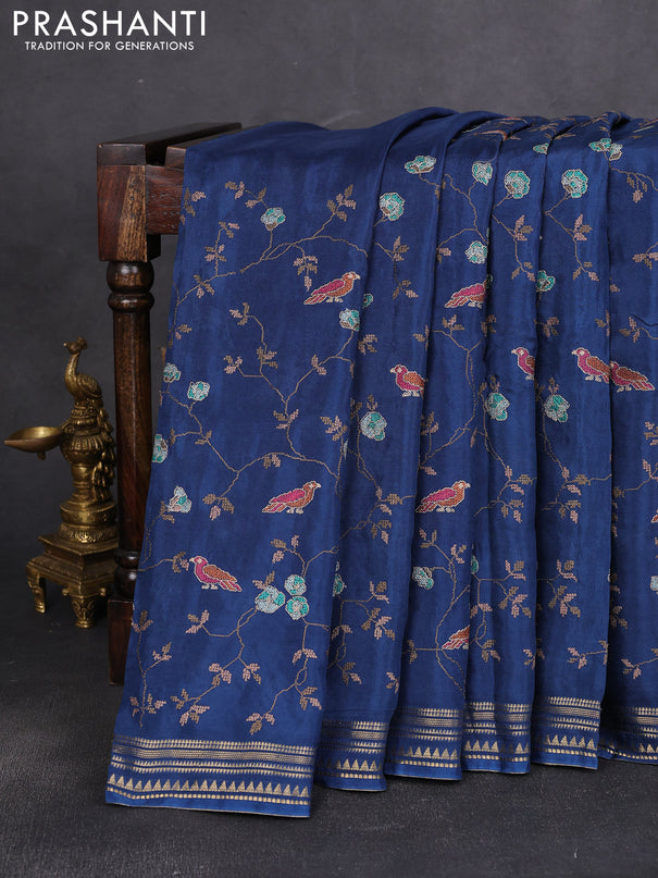 Semi crepe silk saree peacock blue with allover convent embroidery and temple zari woven border