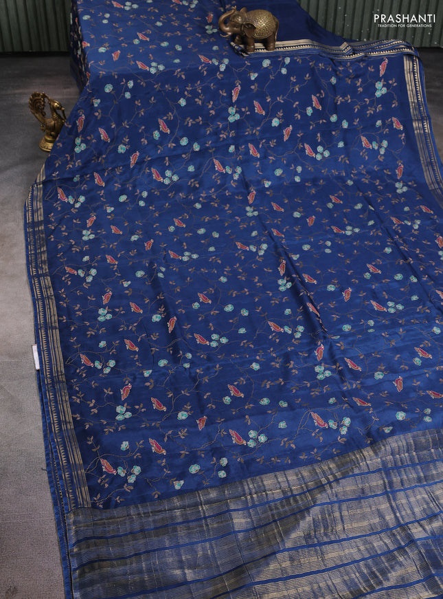 Semi crepe silk saree peacock blue with allover convent embroidery and temple zari woven border