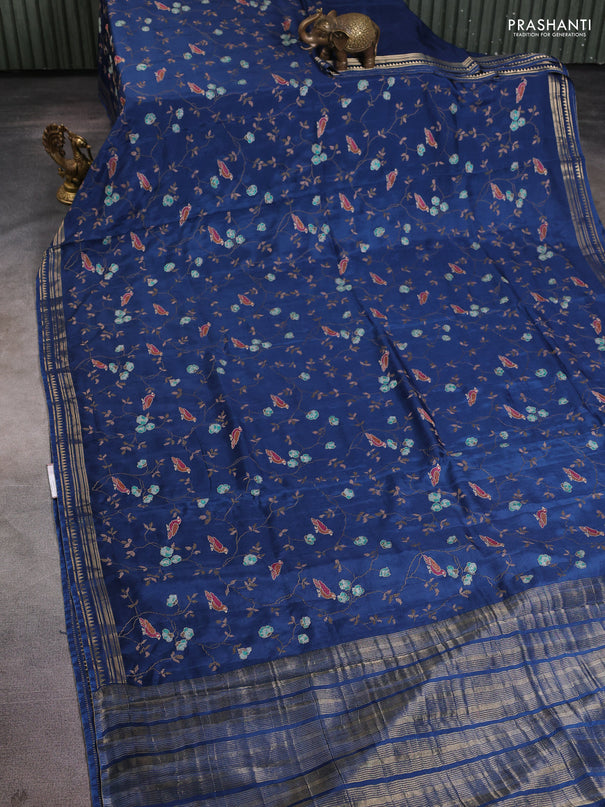 Semi crepe silk saree peacock blue with allover convent embroidery and temple zari woven border