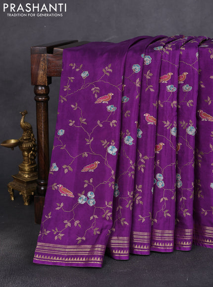 Semi crepe silk saree violet with allover convent embroidery and temple zari woven border