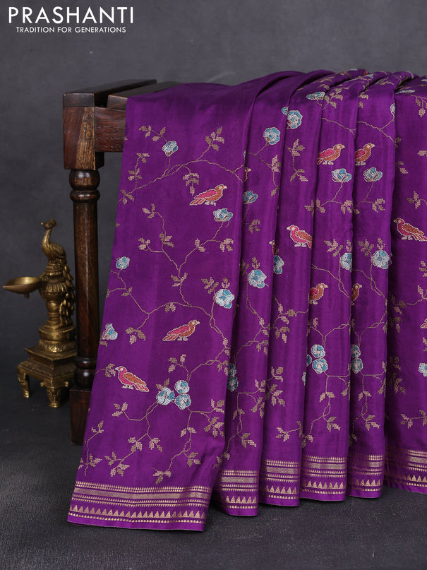 Semi crepe silk saree violet with allover convent embroidery and temple zari woven border