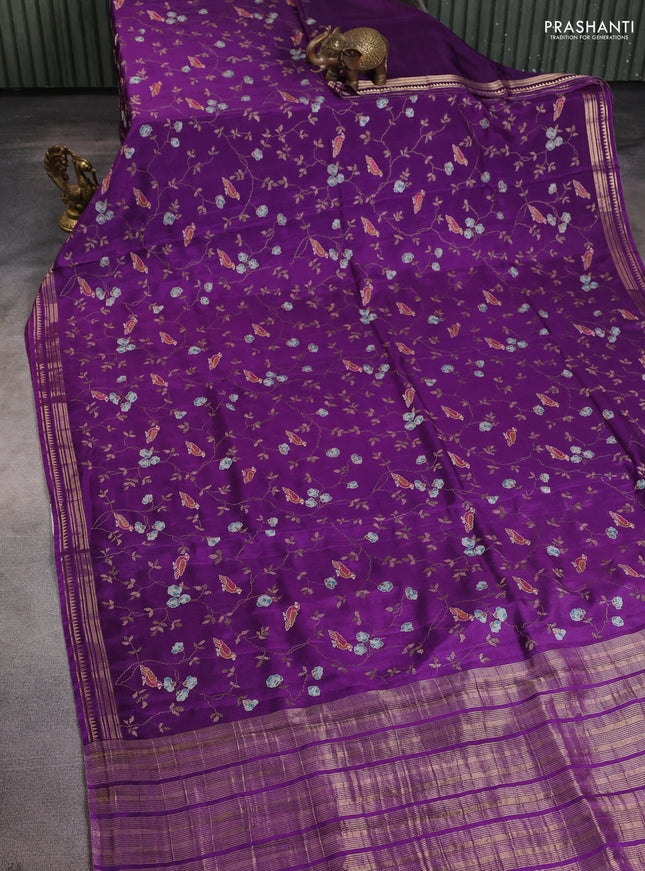 Semi crepe silk saree violet with allover convent embroidery and temple zari woven border
