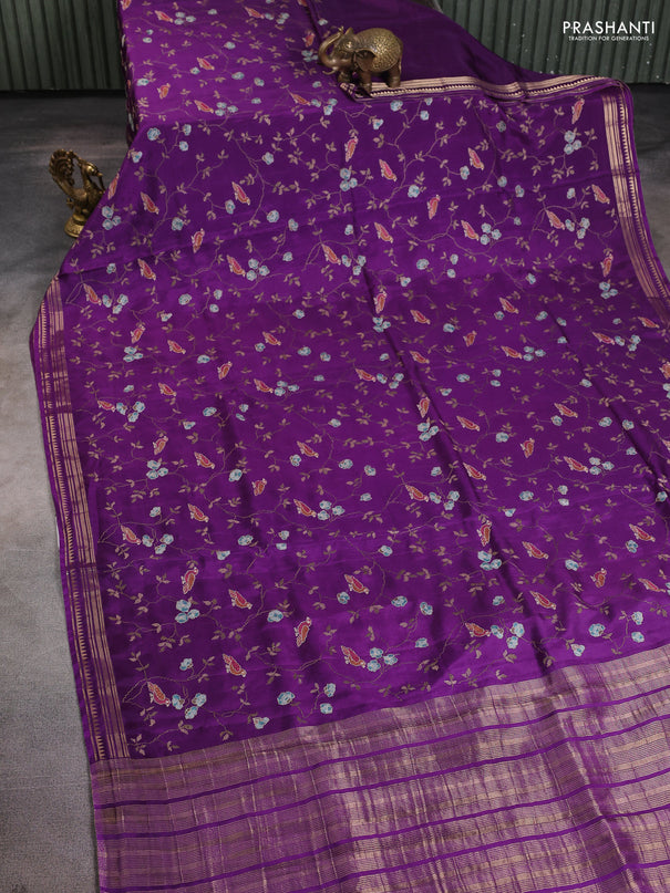 Semi crepe silk saree violet with allover convent embroidery and temple zari woven border