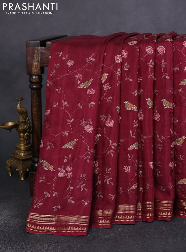 Semi crepe silk saree deep maroon with allover convent embroidery and temple zari woven border